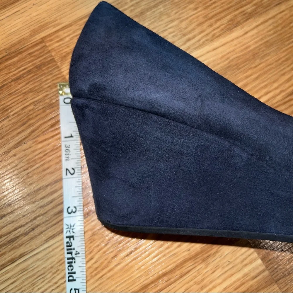 Pas‎ de Rouge Blue Suede 2.5” wedge Heels with rosette bows
